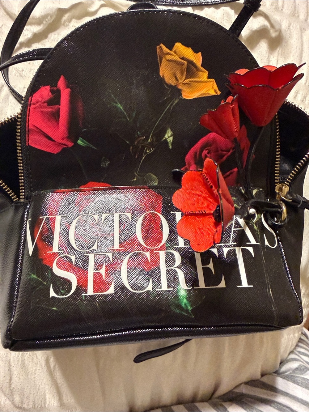 Victoria's Secret Black Floral Mini Backpack with Red & Yellow Roses - Picture 2 of 2